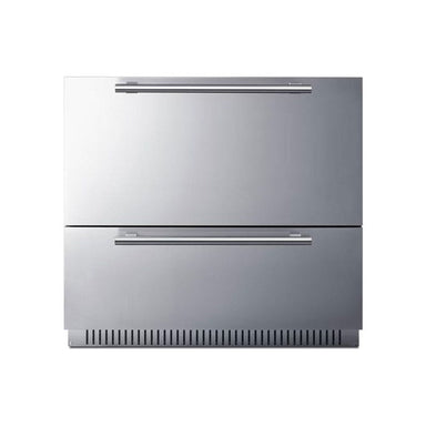 Summit 36-inch SPR36DROS outdoor two-drawer all-refrigerator, straight-on front view.