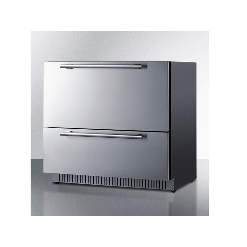 Summit 36-inch SPR36DROS outdoor refrigerator drawers in stainless steel, three-quarter view.