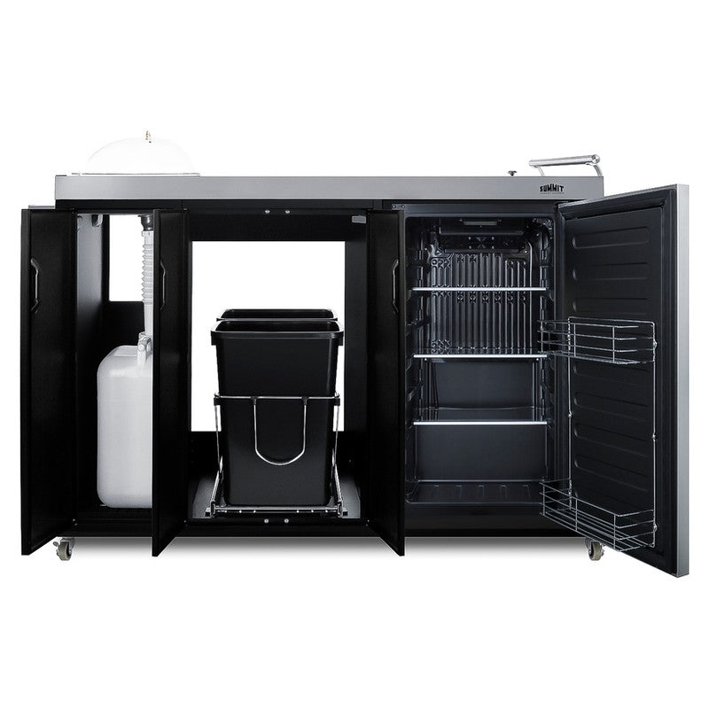 Summit CARTOS54LG 58-inch mobile outdoor kitchenette cart with glass door beverage center, glass door beverage center open, front view