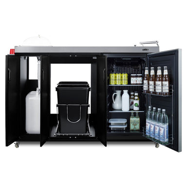 Summit CARTOS54LG 58-inch mobile outdoor kitchenette cart with glass door beverage center, fully open and stocked with waste bins and bottles