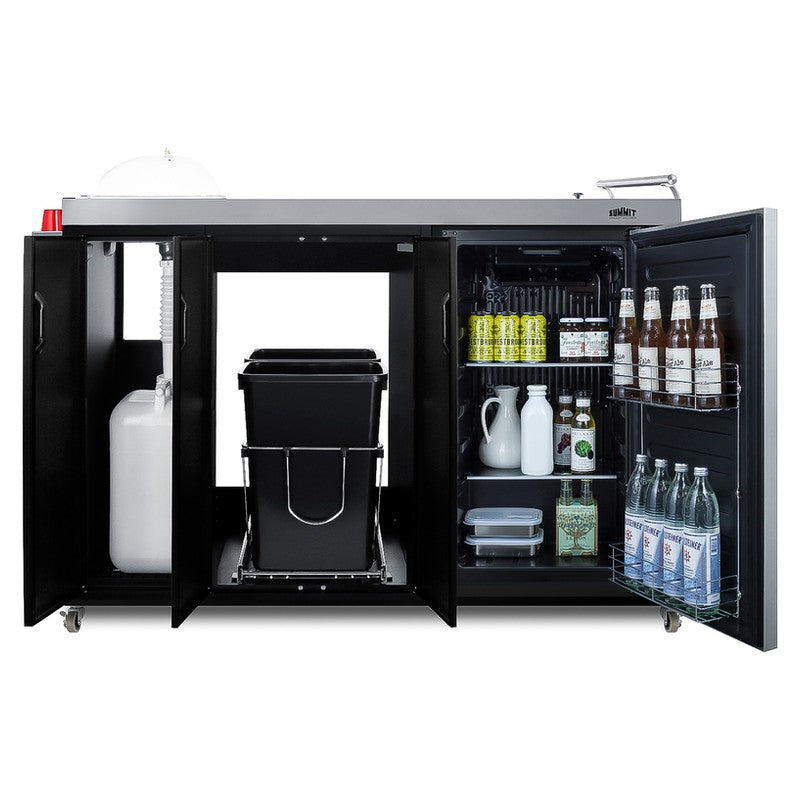 Summit CARTOS54LG 58-inch mobile outdoor kitchenette cart with glass door beverage center, fully open and stocked with waste bins and bottles