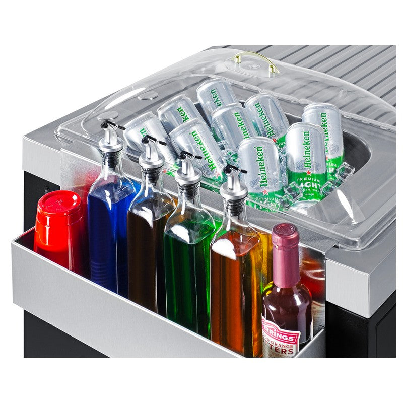 Summit CARTOS54LS 58-inch mobile outdoor kitchenette cart, sink used as ice bath with bottles and cans, detail view