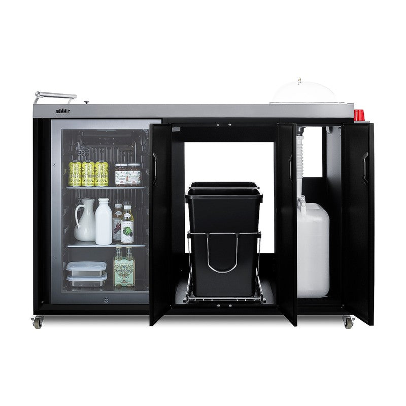 Summit CARTOS54RG 58-inch mobile outdoor kitchenette cart with glass door beverage center, fully open and stocked with waste bins and bottles
