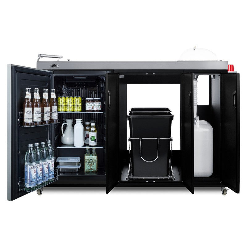 Summit CARTOS54RS 58-inch mobile outdoor kitchenette cart with outdoor refrigerator, fully open and stocked with waste bins and bottles