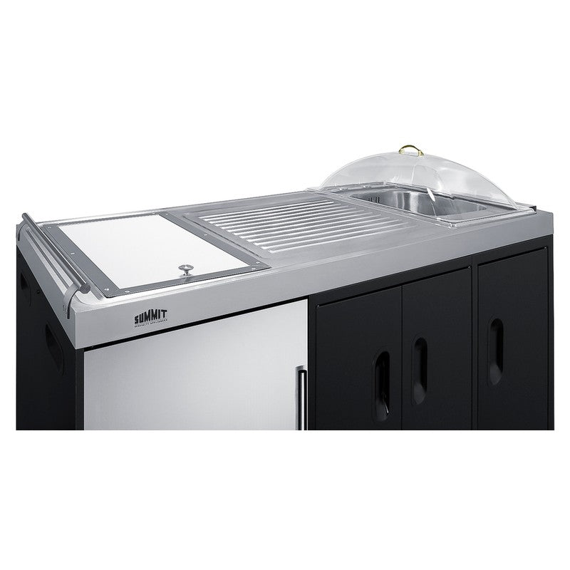 Summit CARTOS54RS 58-inch mobile outdoor kitchenette cart with outdoor refrigerator, sink with clear dome cover, detail view