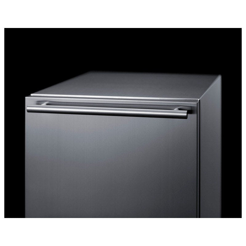 Closeup of the handle on the Summit ADRD18 stainless drawer front
