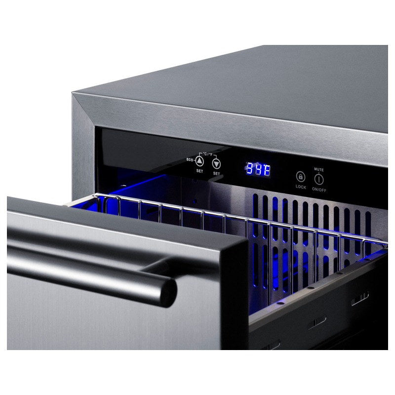Summit ADRD15 drawer pulled open showing blue LED lighting and the digital display