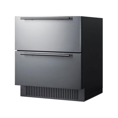 Summit panel-ready 2-drawer refrigerator shown at an angle with stainless steel drawer fronts
