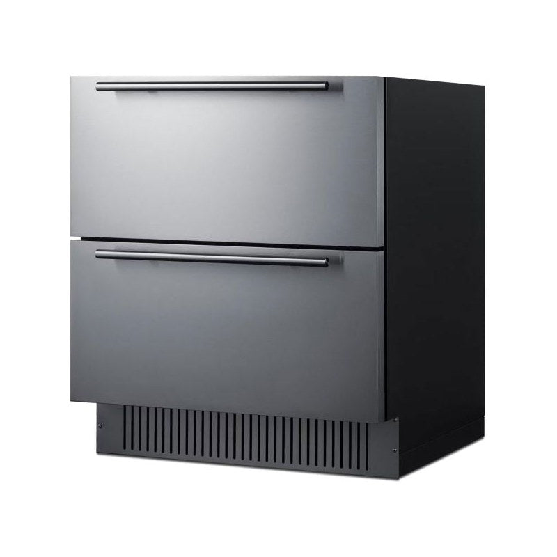 Summit panel-ready 2-drawer refrigerator shown at an angle with stainless steel drawer fronts