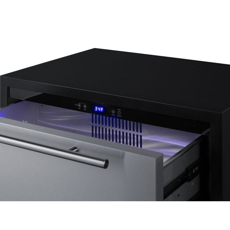 Closeup of the stainless drawer front and digital display on the Summit SPR275OS2DPNRADA
