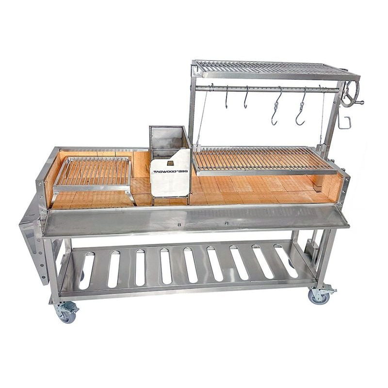 Tagwood BBQ06SS Argentine Santa Maria Gaucho Grill | Angle View With Clamp Grill And Roof Grill