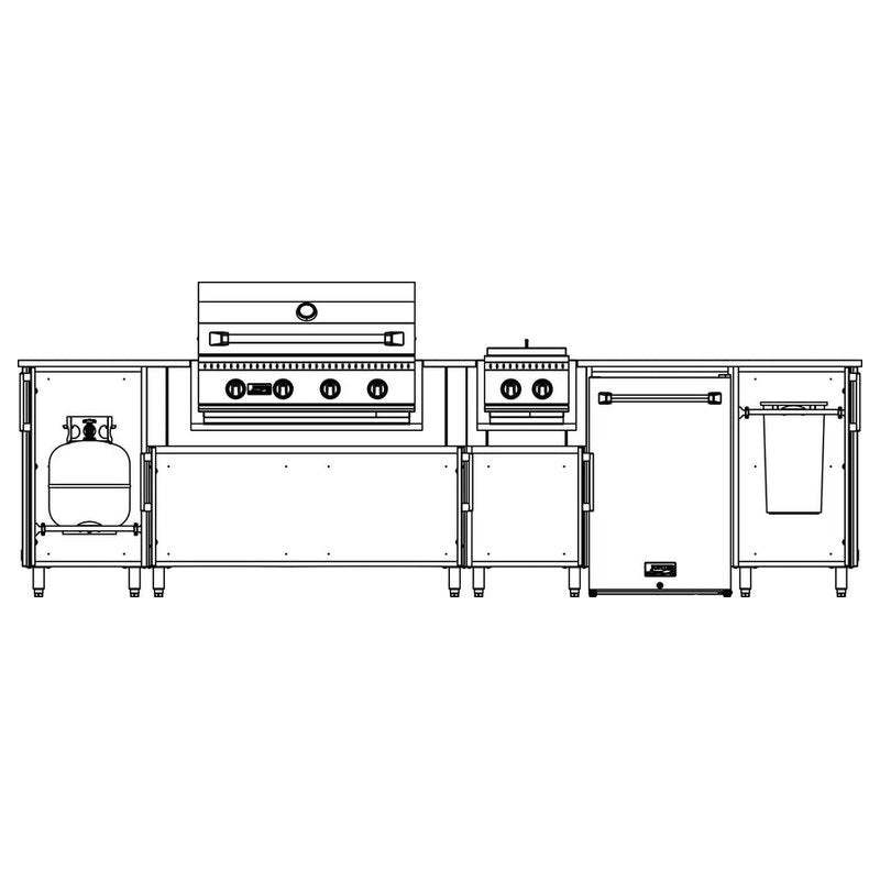WeatherStrong 126 inch Breakwater island interior layout with propane cabinet refrigerator and trash bin
