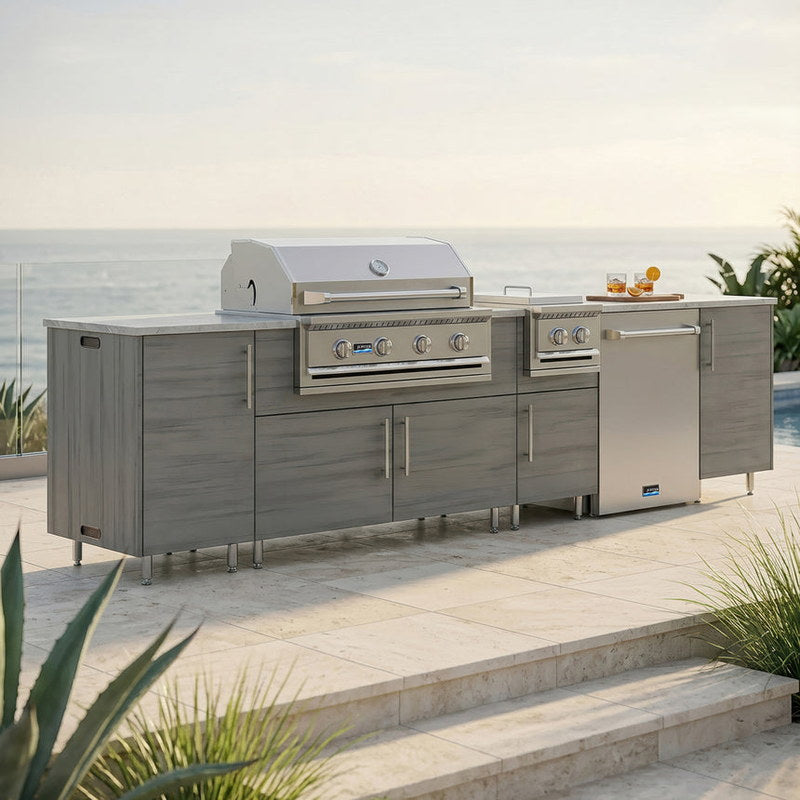 WeatherStrong 126 inch Breakwater outdoor kitchen island Miami Dark Ash on a coastal patio