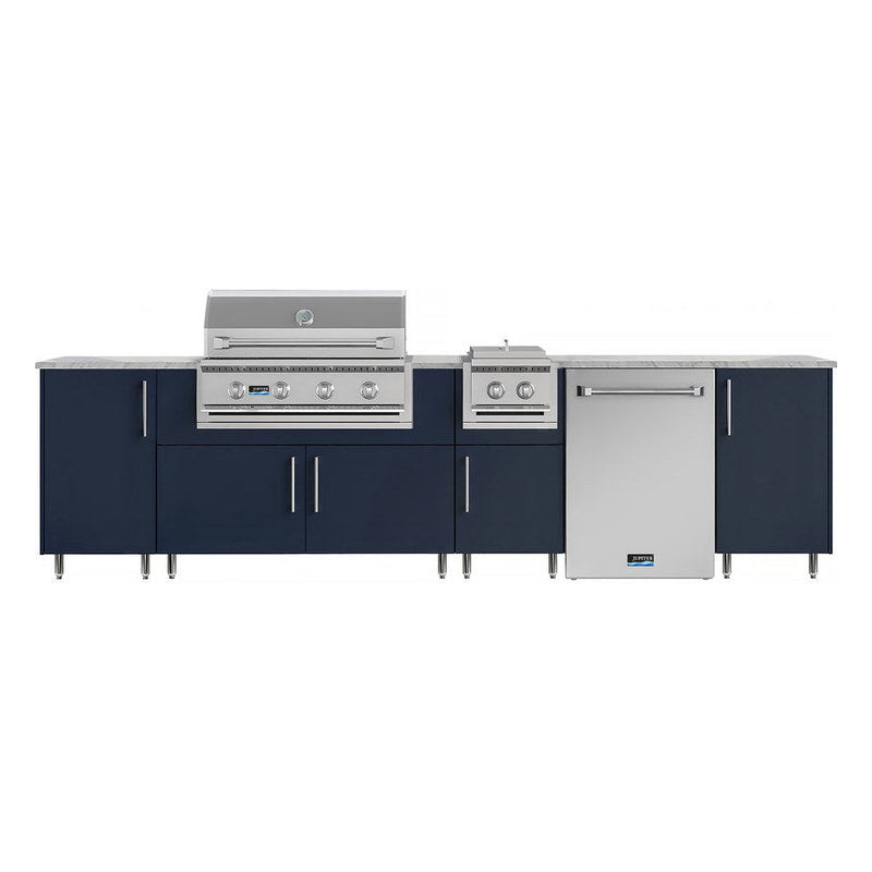 WeatherStrong 126 inch Breakwater outdoor kitchen island Miami Sapphire Blue front view with grill side burner and refrigerator