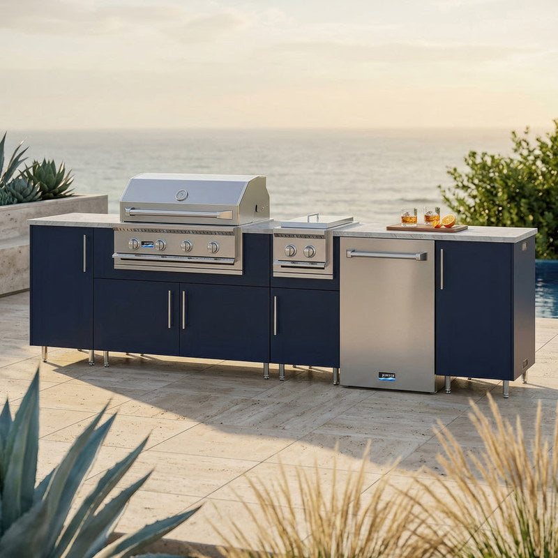 WeatherStrong 126 inch Breakwater outdoor kitchen island Miami Sapphire Blue on a coastal patio