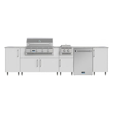 WeatherStrong 126 inch Breakwater outdoor kitchen island Miami Shell White front view with grill side burner and refrigerator