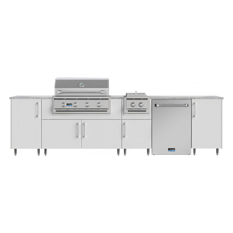 WeatherStrong 126 inch Breakwater outdoor kitchen island Miami Shell White front view with grill side burner and refrigerator