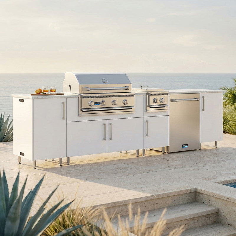 WeatherStrong 126 inch Breakwater outdoor kitchen island Miami Shell White on a coastal patio