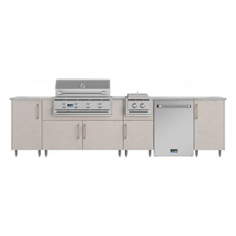 WeatherStrong 126 inch Breakwater outdoor kitchen island Miami Shoreline Gray front view with grill side burner and refrigerator