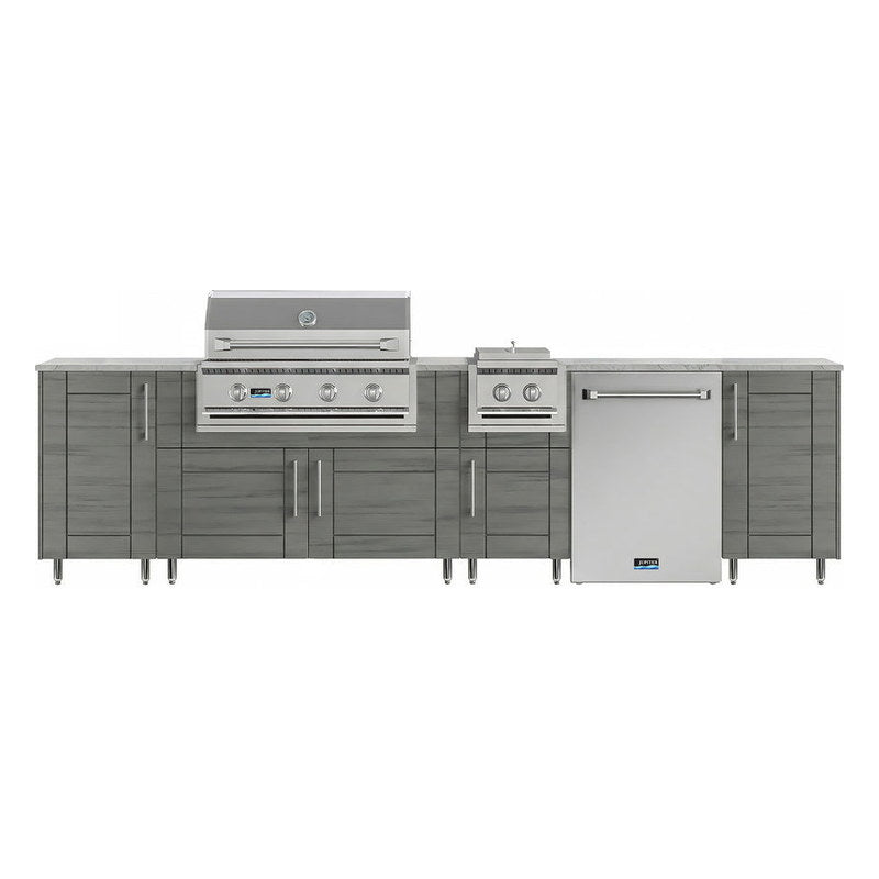 WeatherStrong 126 inch Breakwater outdoor kitchen island Sanibel Dark Ash front view with grill side burner and refrigerator
