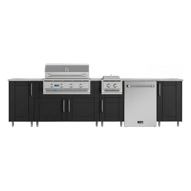 WeatherStrong 126 inch Breakwater outdoor kitchen island Sanibel Pitch Black front view with grill side burner and refrigerator