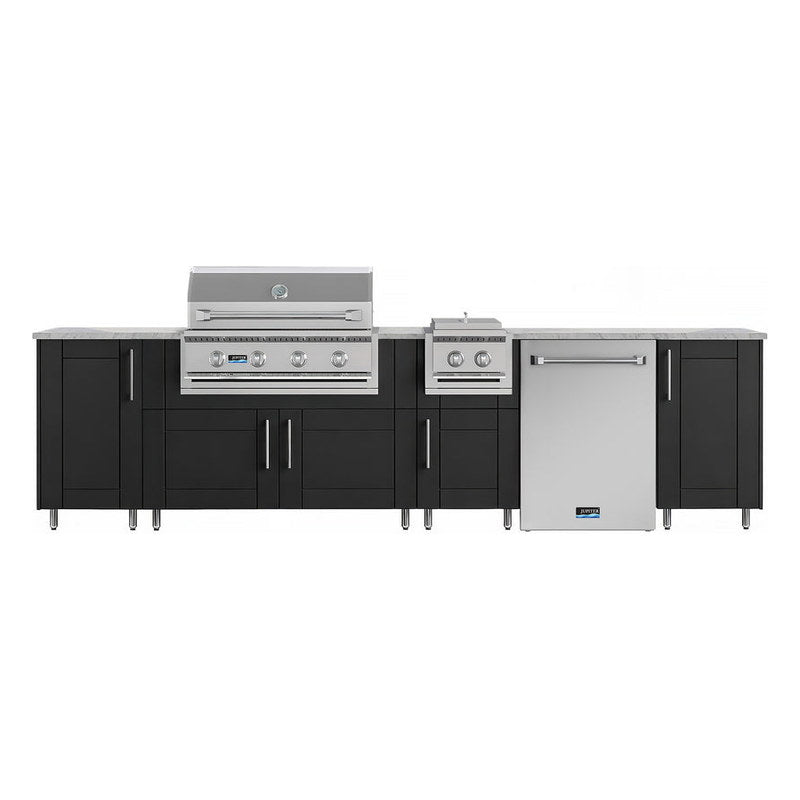 WeatherStrong 126 inch Breakwater outdoor kitchen island Sanibel Pitch Black front view with grill side burner and refrigerator
