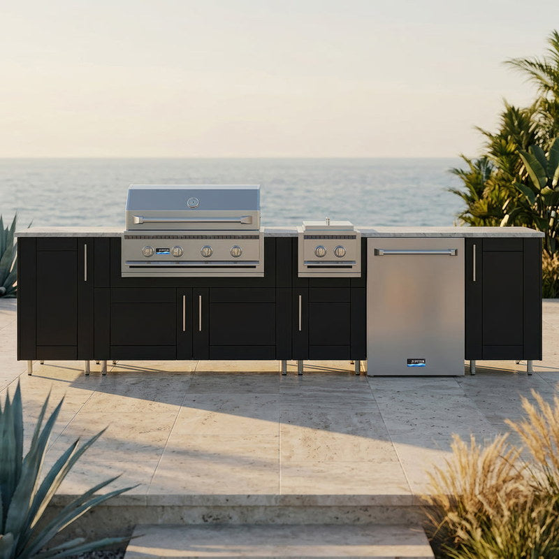 WeatherStrong 126 inch Breakwater outdoor kitchen island Sanibel Pitch Black on a coastal patio