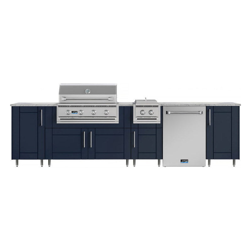 WeatherStrong 126 inch Breakwater outdoor kitchen island Sanibel Sapphire Blue front view with grill side burner and refrigerator