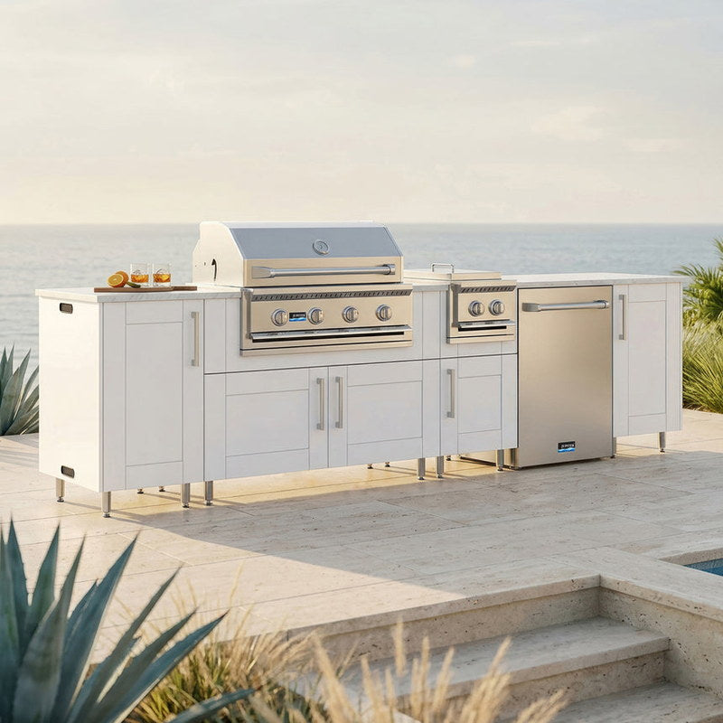 WeatherStrong 126 inch Breakwater outdoor kitchen island Sanibel Shell White on a coastal patio