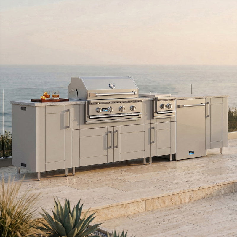 WeatherStrong 126 inch Breakwater outdoor kitchen island Sanibel Shoreline Gray on a coastal patio