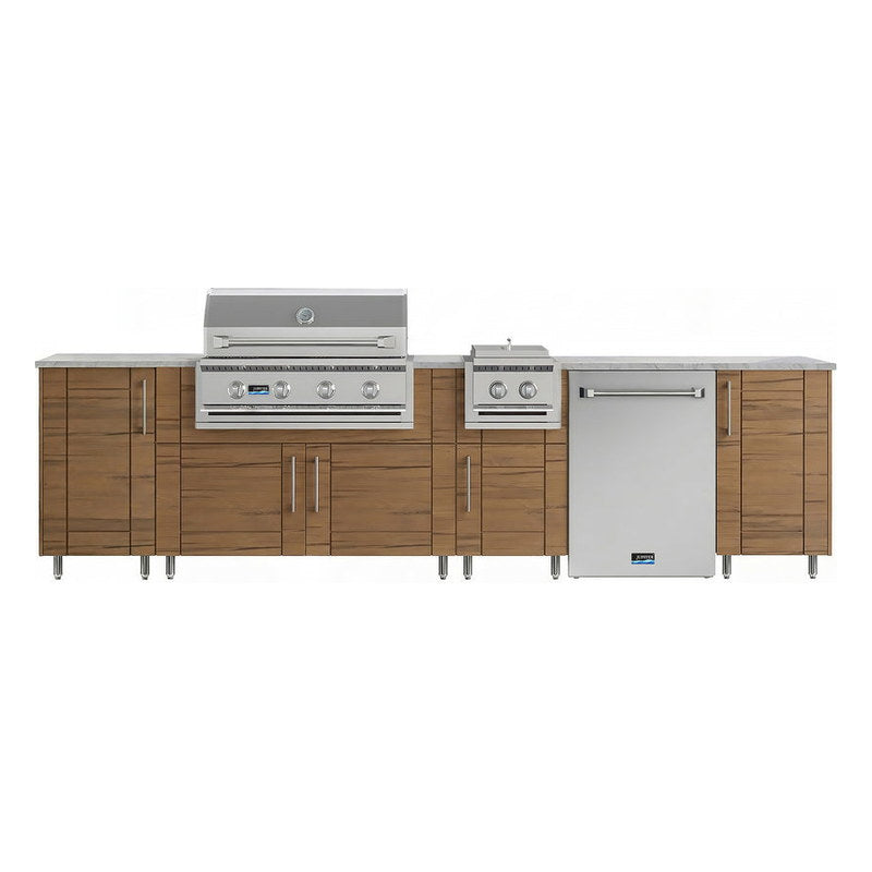 WeatherStrong 126 inch Breakwater outdoor kitchen island Sanibel Teak front view with grill side burner and refrigerator