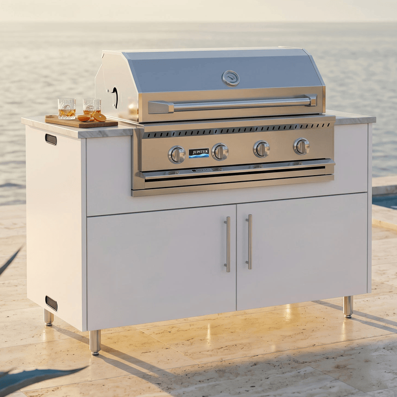WeatherStrong 50 inch Surf outdoor kitchen island Miami Shell White with Jupiter 32 inch grill
