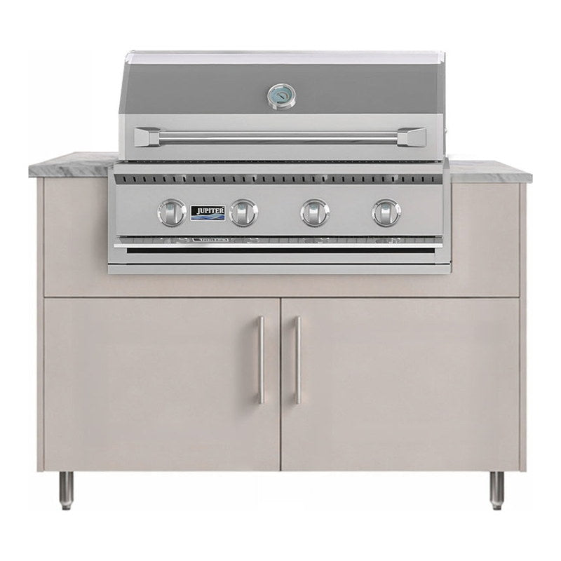 WeatherStrong 50 inch Surf outdoor kitchen island Miami Shoreline Gray front view with Jupiter 32 inch grill