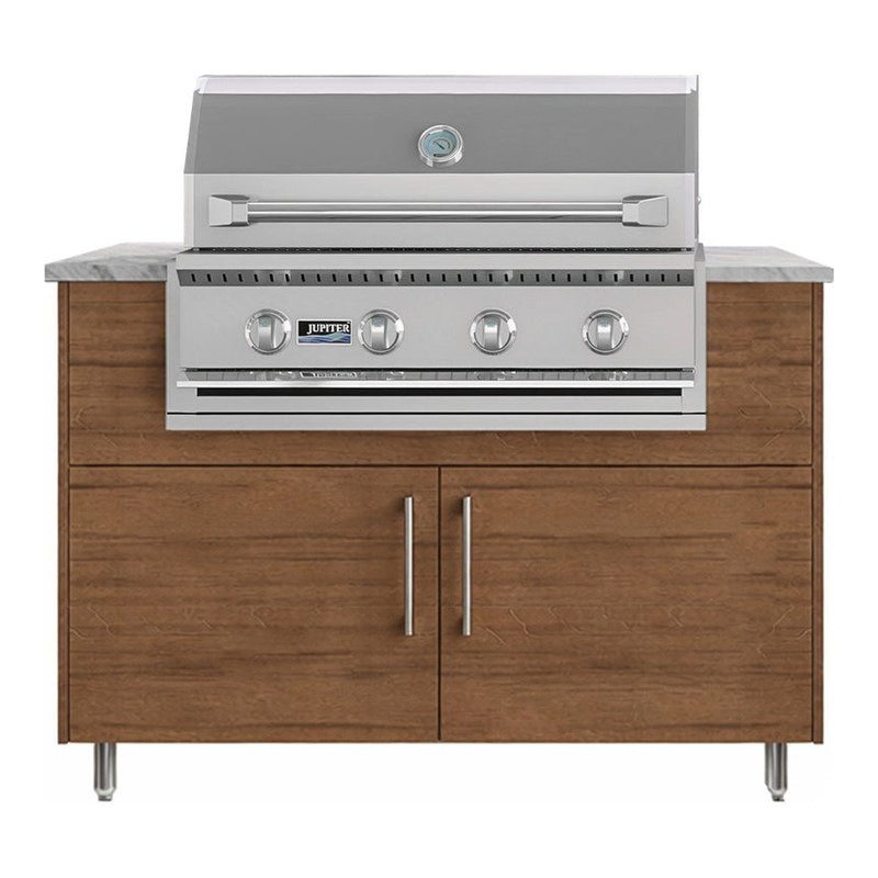 WeatherStrong 50 inch Surf outdoor kitchen island Miami Teak front view with Jupiter 32 inch grill
