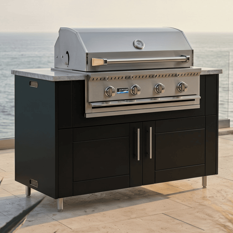 WeatherStrong 50 inch Surf outdoor kitchen island Sanibel Pitch Black with Jupiter 32 inch grill