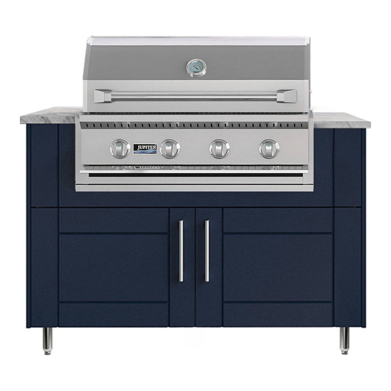 WeatherStrong 50 inch Surf outdoor kitchen island Sanibel Sapphire Blue front view with Jupiter 32 inch grill