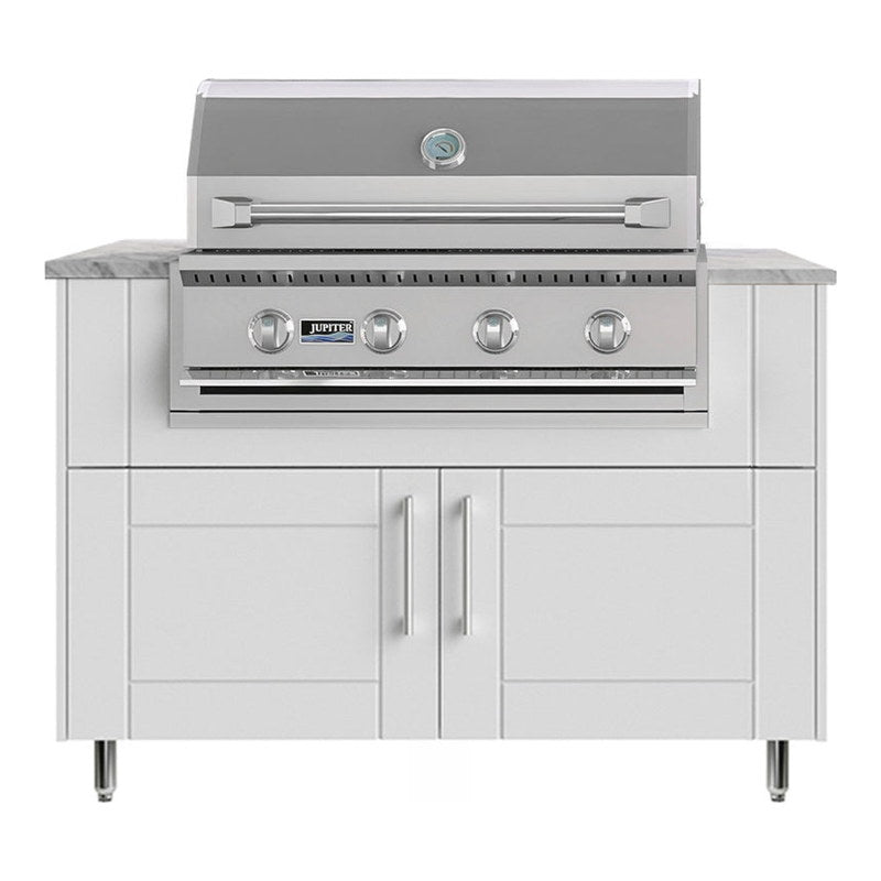 WeatherStrong 50 inch Surf outdoor kitchen island Sanibel Shell White front view with Jupiter 32 inch grill