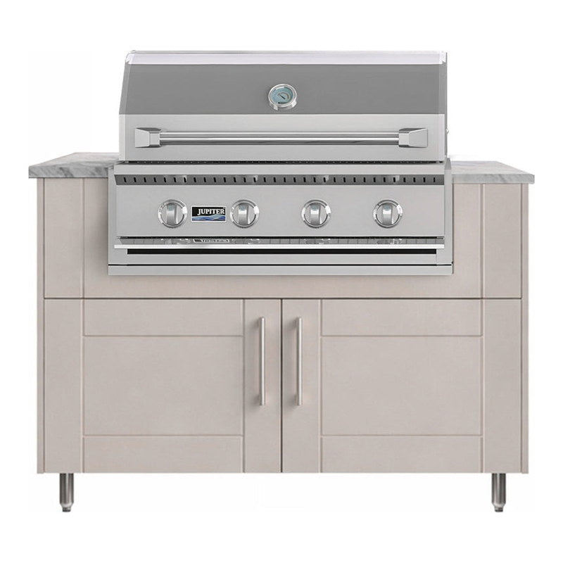 WeatherStrong 50 inch Surf outdoor kitchen island Sanibel Shoreline Gray front view with Jupiter 32 inch grill