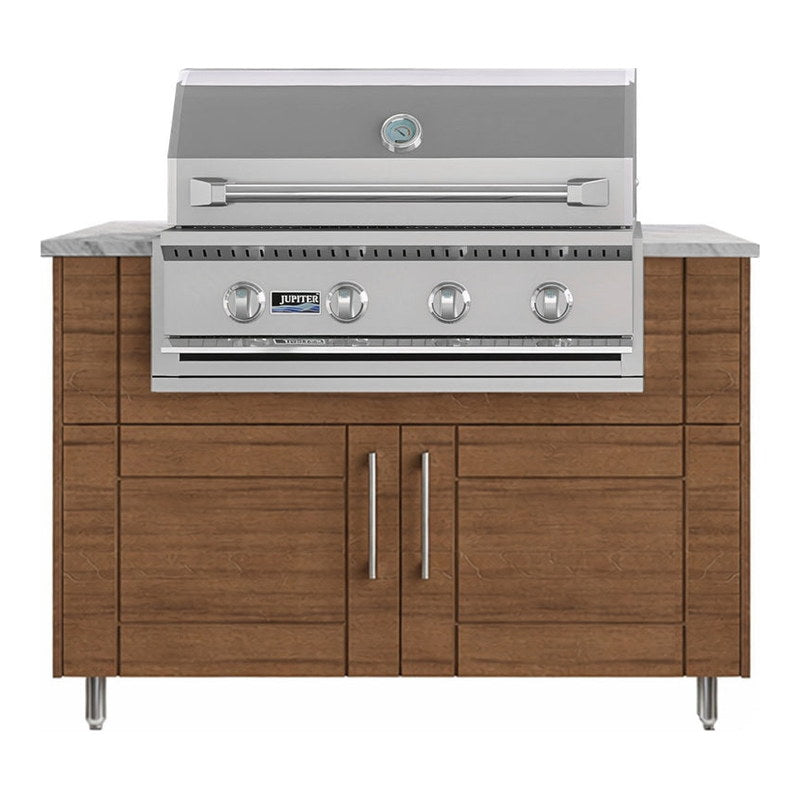 WeatherStrong 50 inch Surf outdoor kitchen island Sanibel Teak front view with Jupiter 32 inch grill