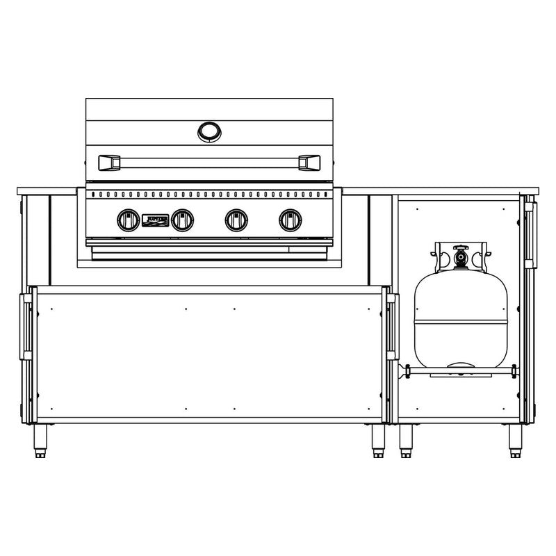 WeatherStrong 68 inch Horizon island interior storage layout with propane tank cabinet
