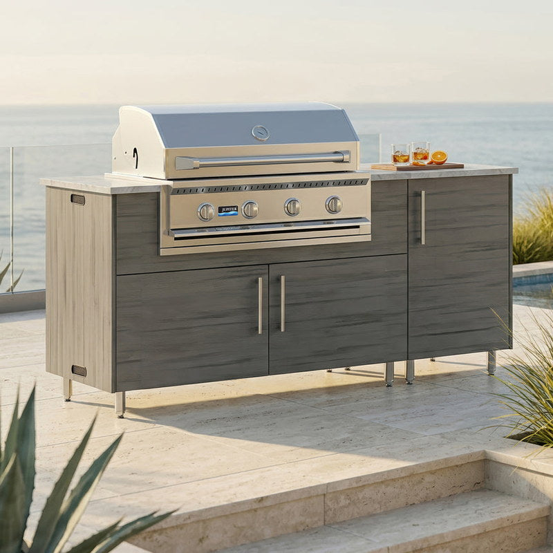 WeatherStrong 68 inch Horizon outdoor kitchen island Miami Dark Ash on a coastal patio