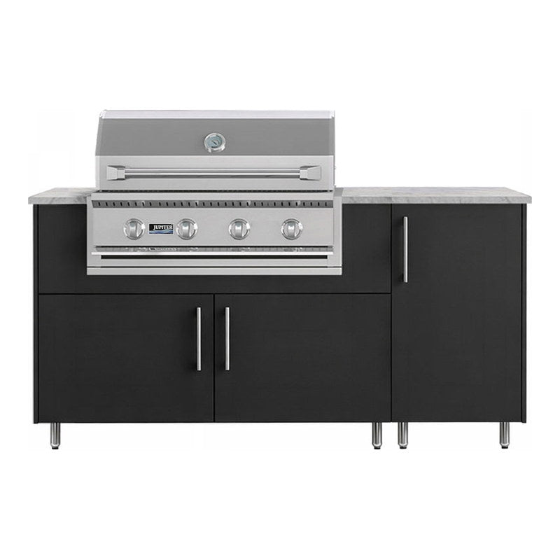 WeatherStrong 68 inch Horizon outdoor kitchen island Miami Pitch Black front view with Jupiter 32 inch grill