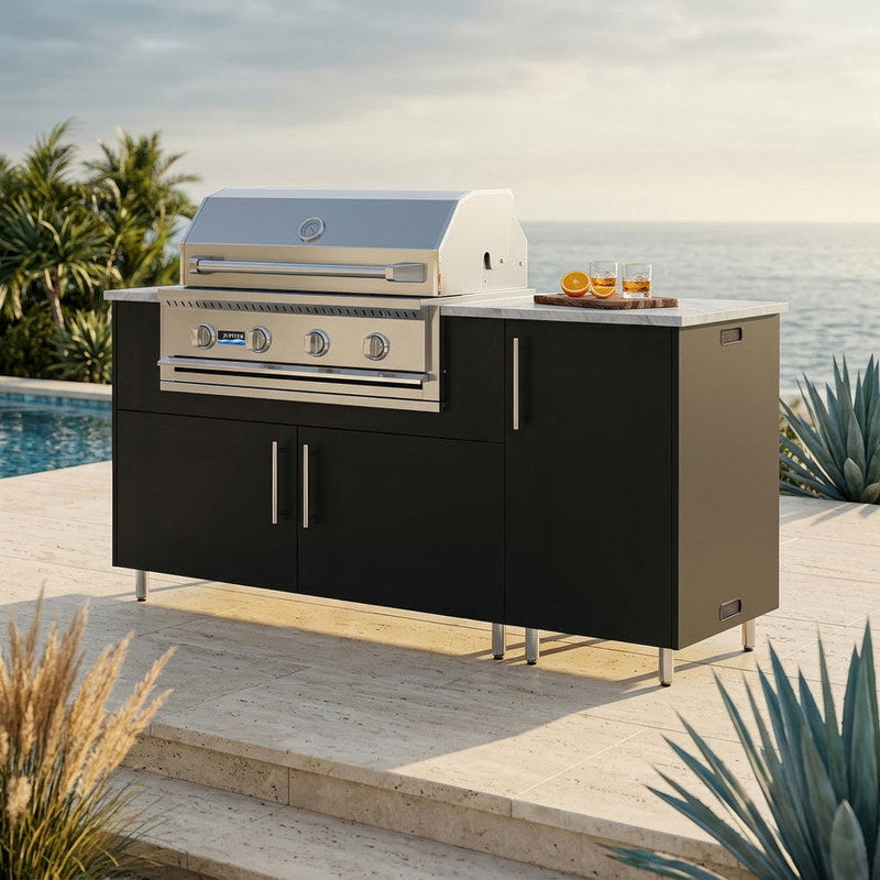 WeatherStrong 68 inch Horizon outdoor kitchen island Miami Pitch Black on a coastal patio