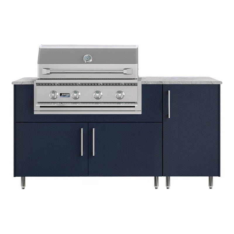WeatherStrong 68 inch Horizon outdoor kitchen island Miami Sapphire Blue front view with Jupiter 32 inch grill
