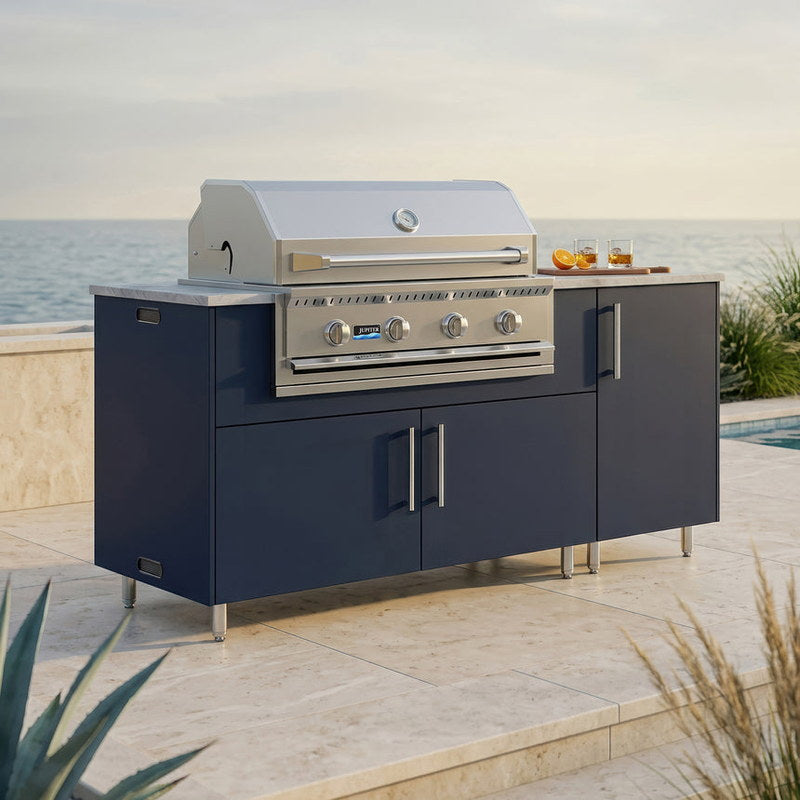 WeatherStrong 68 inch Horizon outdoor kitchen island Miami Sapphire Blue on a coastal patio