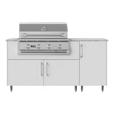 WeatherStrong 68 inch Horizon outdoor kitchen island Miami Shell White front view with Jupiter 32 inch grill
