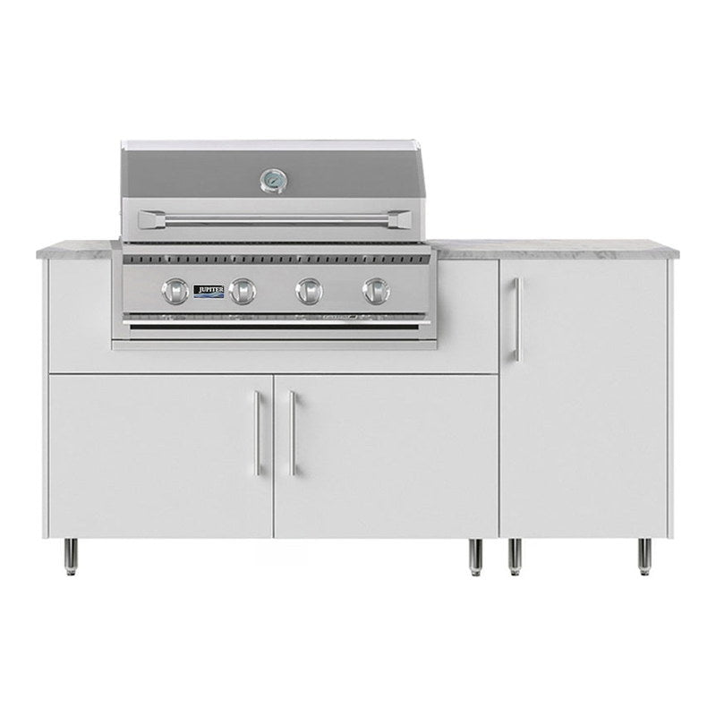 WeatherStrong 68 inch Horizon outdoor kitchen island Miami Shell White front view with Jupiter 32 inch grill