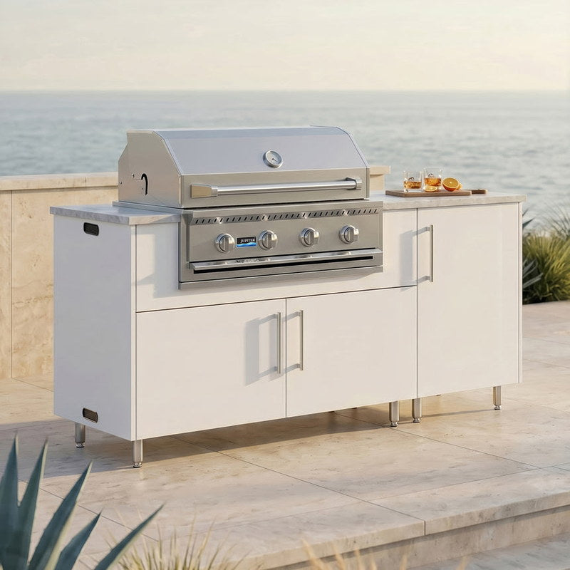 WeatherStrong 68 inch Horizon outdoor kitchen island Miami Shell White on a coastal patio