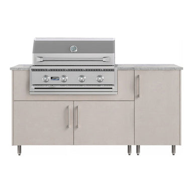 WeatherStrong 68 inch Horizon outdoor kitchen island Miami Shoreline Gray front view with Jupiter 32 inch grill