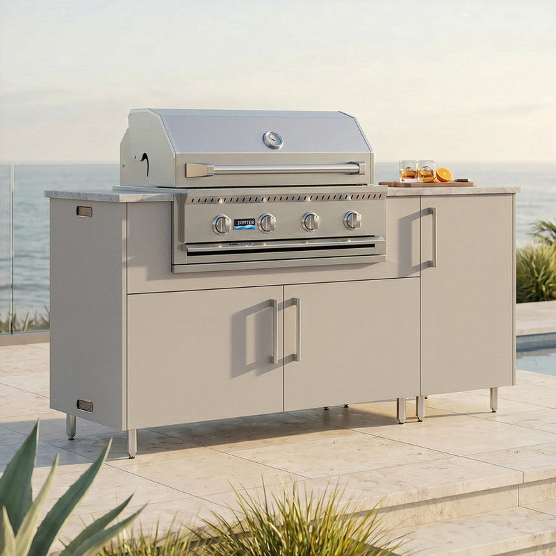 WeatherStrong 68 inch Horizon outdoor kitchen island Miami Shoreline Gray on a coastal patio